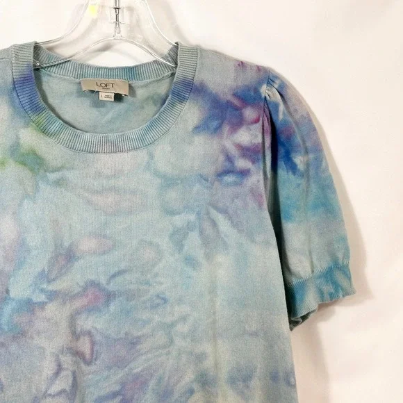 LOFT Large Top Handmade Tie‎ Dye Puff Sleeve Blue Purple Knit Boho Whimsy 1545 - Picture 5 of 10